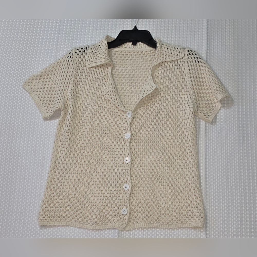 Vintage Inspired Crochet Top Cottagecore Boho Button Up Coastal Layering Shirt - Picture 2 of 8